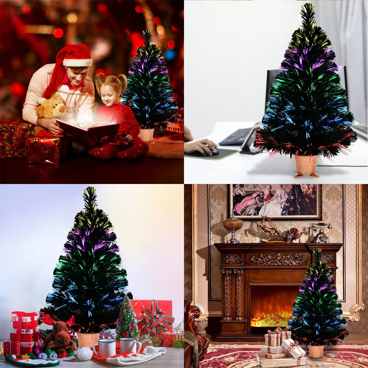 32 Inch Green Pre-lit Mini Fiber Optic Tabletop Artificial Christmas Tree with 5-layer Control LED Lights