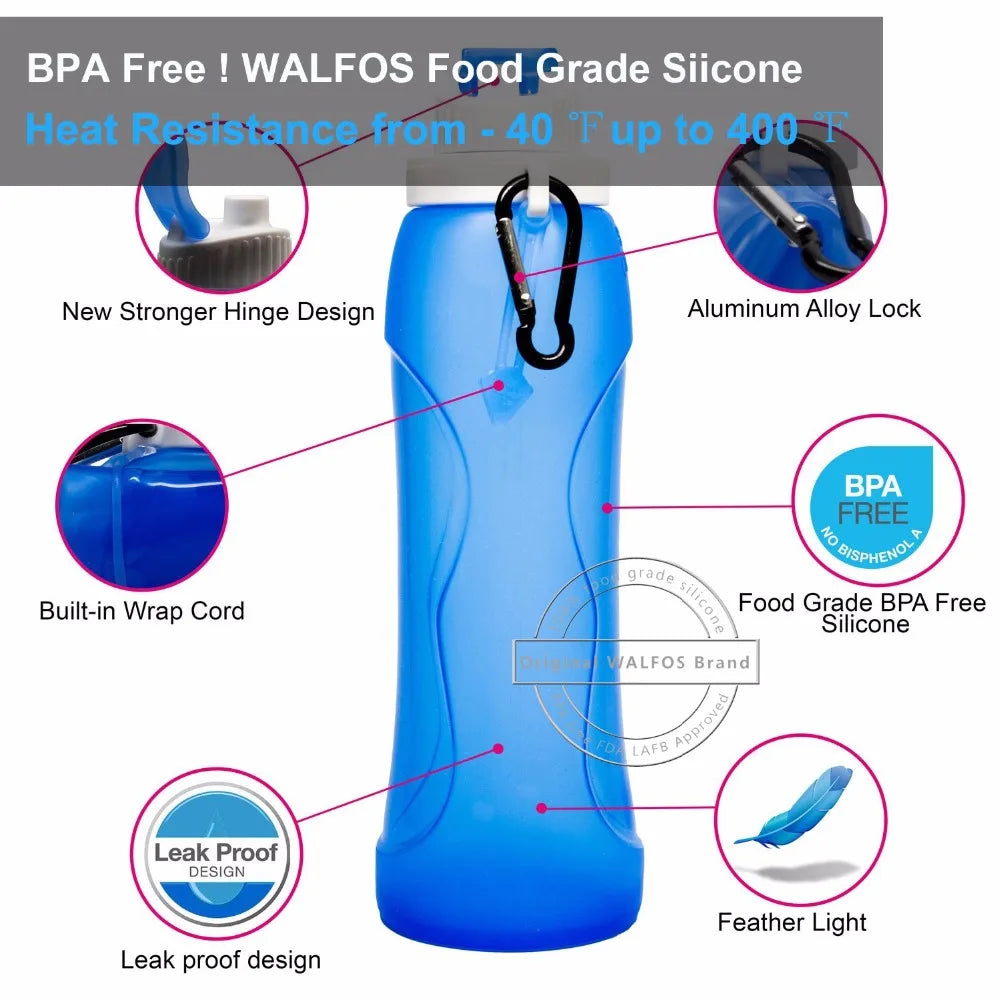 Food Grade 500ML Collapsible Foldable Silicone Water Bottle; Camping, Travel, Biking