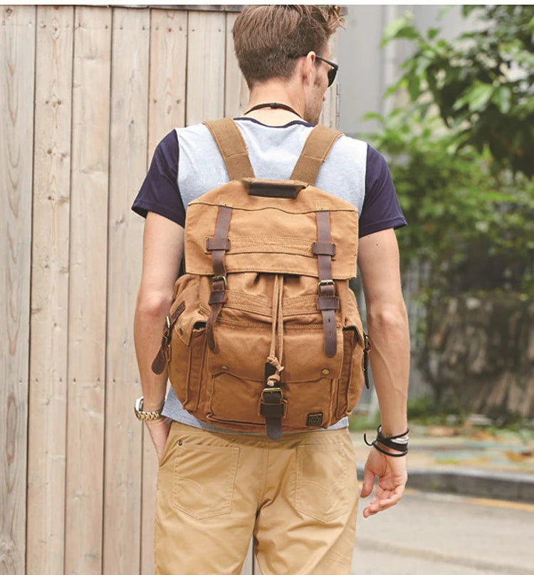 Vintage Leather Military Canvas Travel Backpack; School Backpack; Large