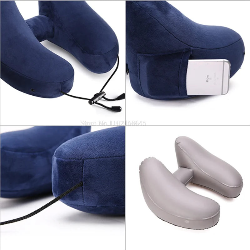 Travel Pillow; Hooded Inflatable Neck Pillow; Great For Airplane Sleeping; Portable With Storage Bag