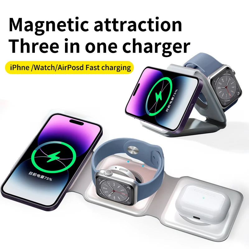 15W Qi Magnetic Wireless Charger for iPhone, Apple Airpods &amp; Apple Watch; Portable Foldable Fast Charging; Great For Travel!