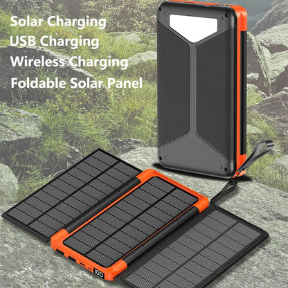 20,000mAh Folding Solar Power Bank with 3 Solar Panel; Qi Wireless Charging; No Outlet No Problem!