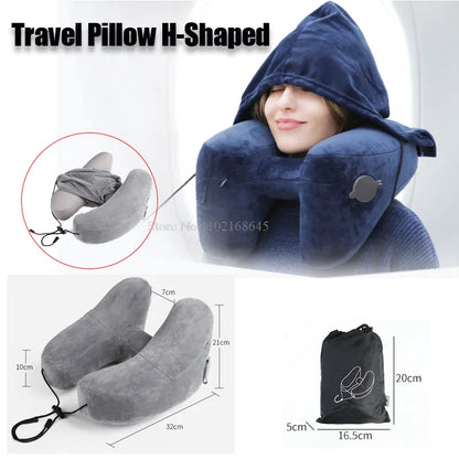 Travel Pillow; Hooded Inflatable Neck Pillow; Great For Airplane Sleeping; Portable With Storage Bag