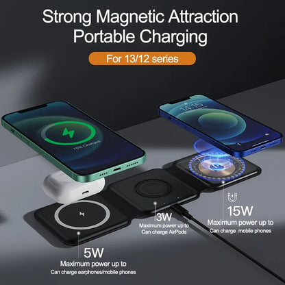 15W Qi Magnetic Wireless Charger for iPhone, Apple Airpods &amp; Apple Watch; Portable Foldable Fast Charging; Great For Travel!