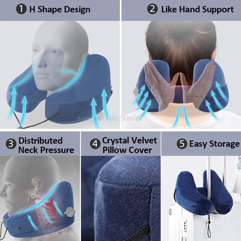 Travel Pillow; Hooded Inflatable Neck Pillow; Great For Airplane Sleeping; Portable With Storage Bag