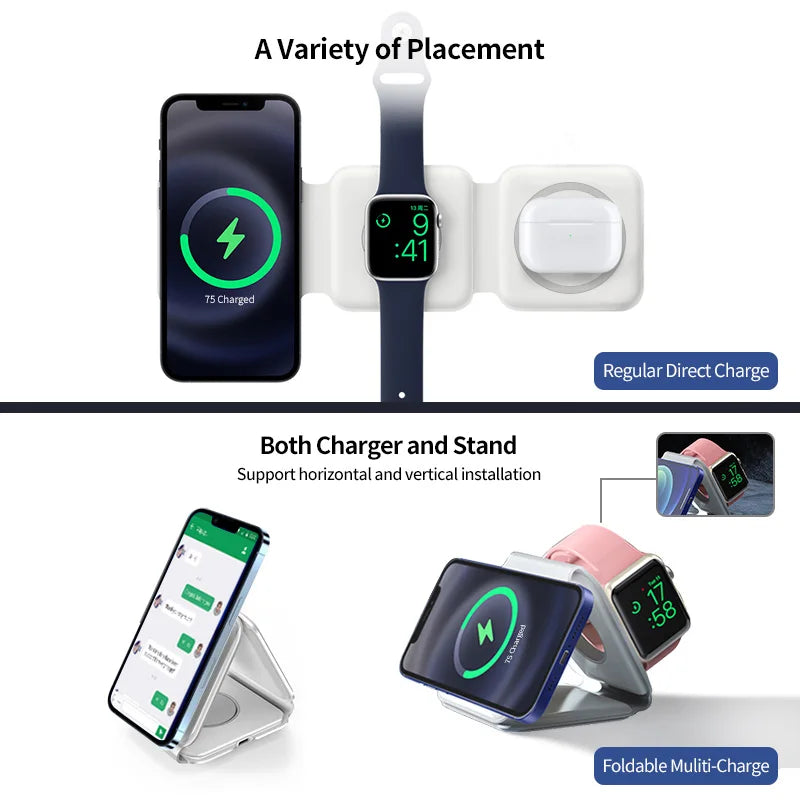 15W Qi Magnetic Wireless Charger for iPhone, Apple Airpods &amp; Apple Watch; Portable Foldable Fast Charging; Great For Travel!