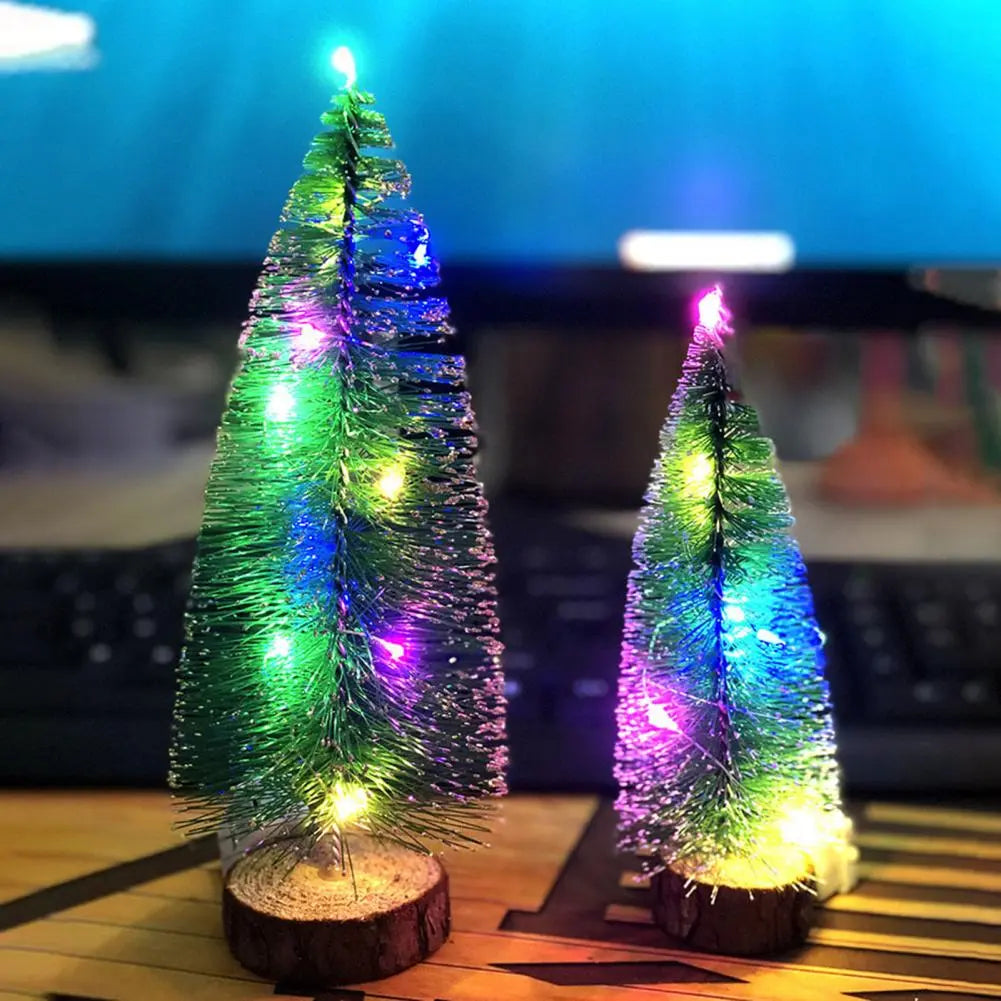 Green Pre-lit Mini Fiber Optic Tabletop Artificial Christmas Tree with LED lights and Wooden Base