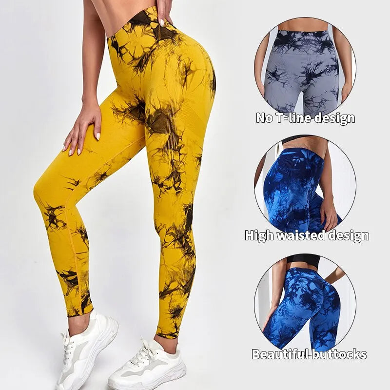 Tie Dye Yoga Pants Sport Leggings; Seamless High Waist Push Up