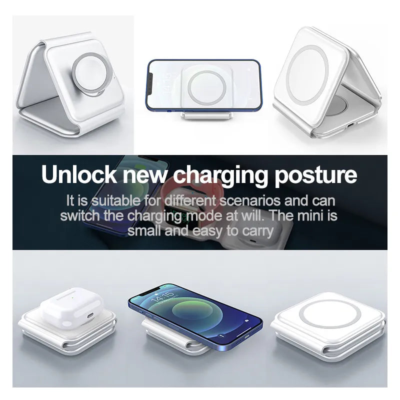 15W Qi Magnetic Wireless Charger for iPhone, Apple Airpods &amp; Apple Watch; Portable Foldable Fast Charging; Great For Travel!