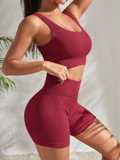 Seamless Ribbed Yoga Workout Set for Women; 2 Pieces Gym Suit