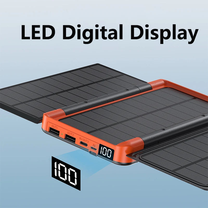 20,000mAh Folding Solar Power Bank with 3 Solar Panel; Qi Wireless Charging; No Outlet No Problem!