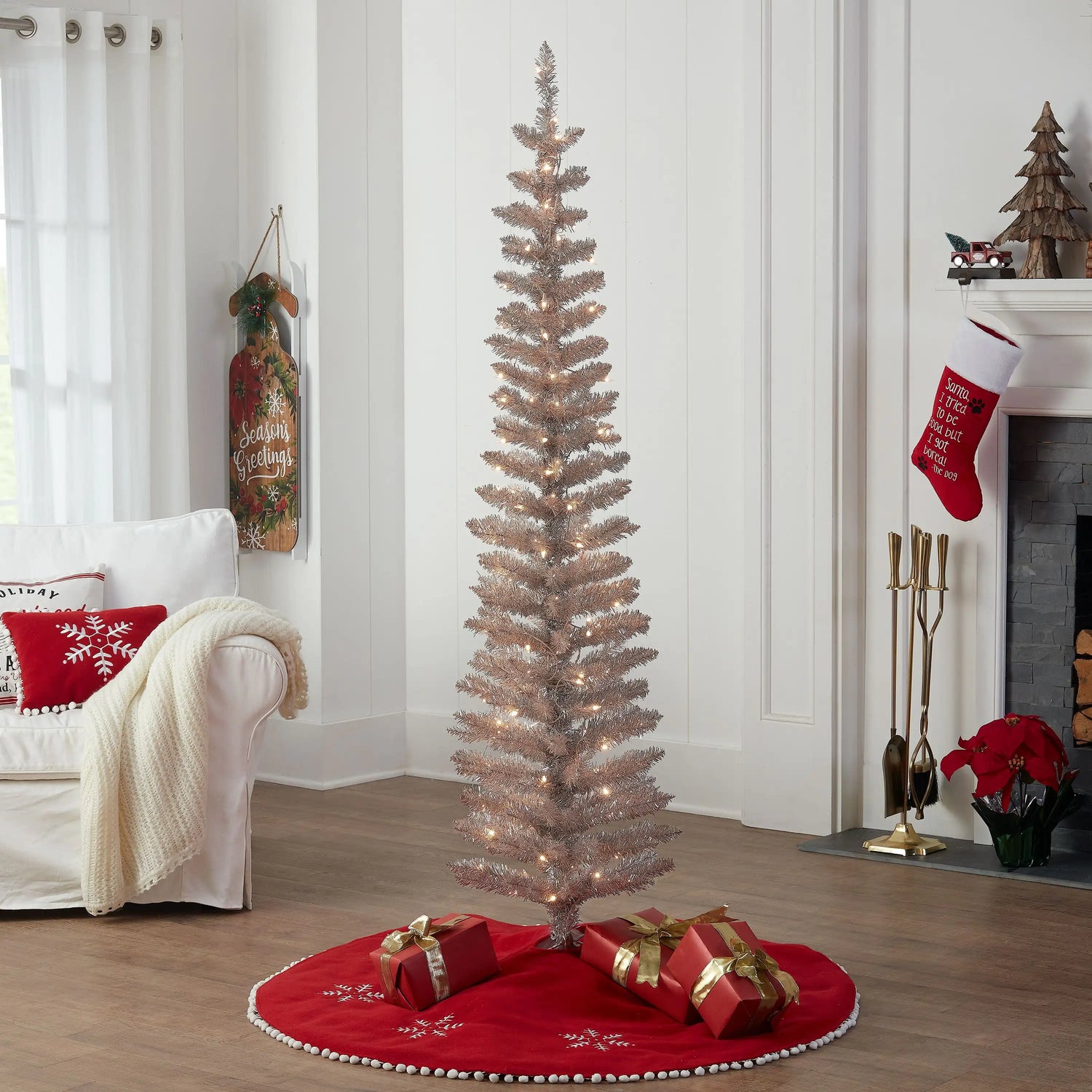 6 Foot Pre-Lit Rose Gold Tinsel Christmas Tree, 100 Clear Lights