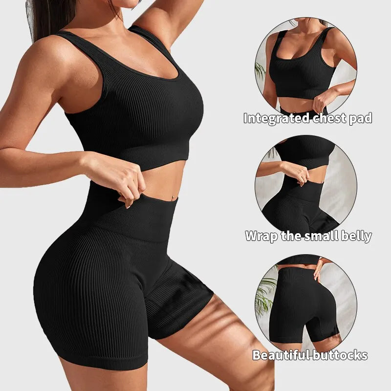 Seamless Ribbed Yoga Workout Set for Women; 2 Pieces Gym Suit