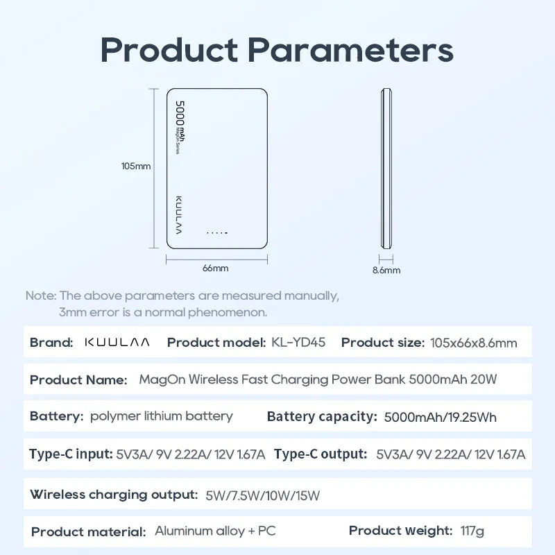 Magsafe 5000mAh Power Bank; 20w Wireless Phone Charger; External Battery For Fast Charging