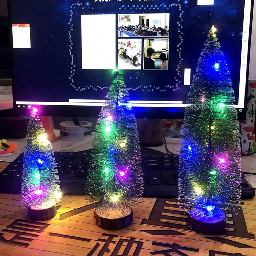 Green Pre-lit Mini Fiber Optic Tabletop Artificial Christmas Tree with LED lights and Wooden Base