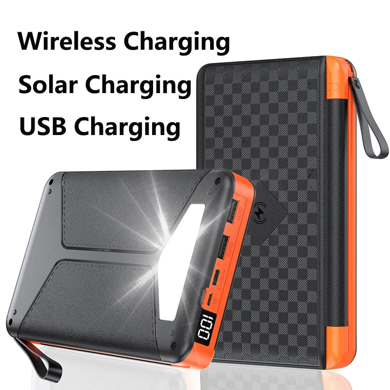 20,000mAh Folding Solar Power Bank with 3 Solar Panel; Qi Wireless Charging; No Outlet No Problem!