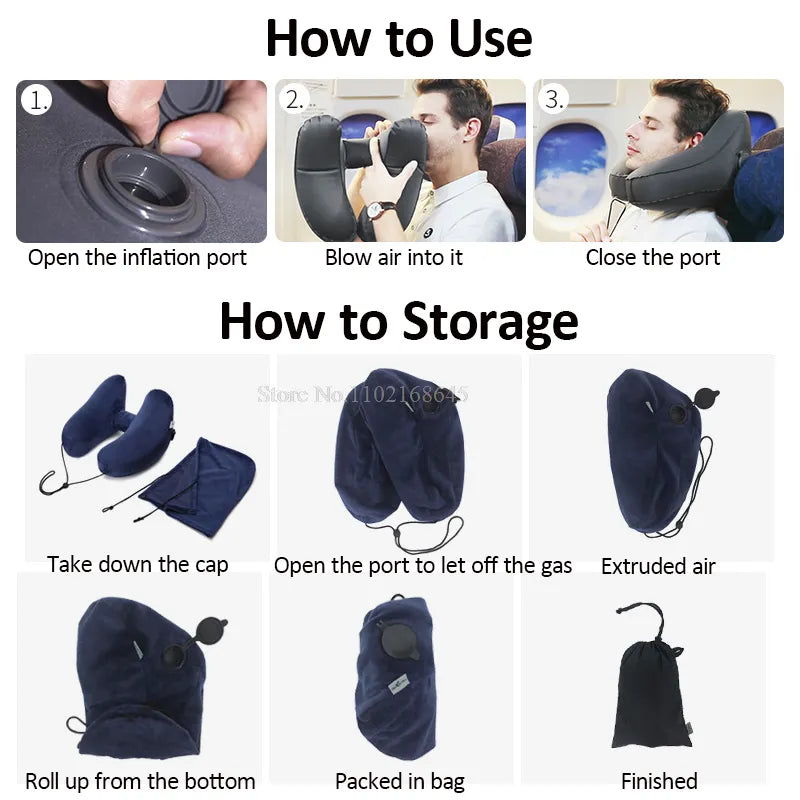 Travel Pillow; Hooded Inflatable Neck Pillow; Great For Airplane Sleeping; Portable With Storage Bag