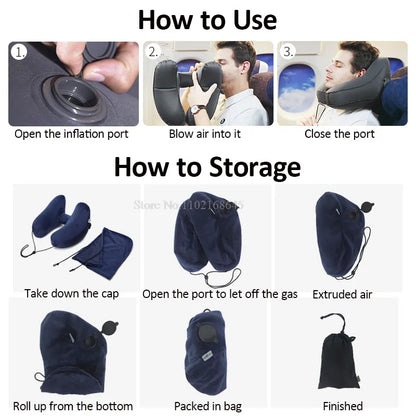 Travel Pillow; Hooded Inflatable Neck Pillow; Great For Airplane Sleeping; Portable With Storage Bag